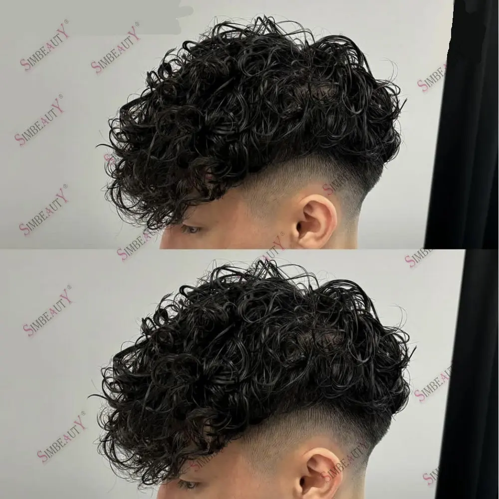 25mm Curl pria Toupee kulit penuh PU pria rambut palsu 100% rambut manusia wig alami pria sistem pengganti Unit