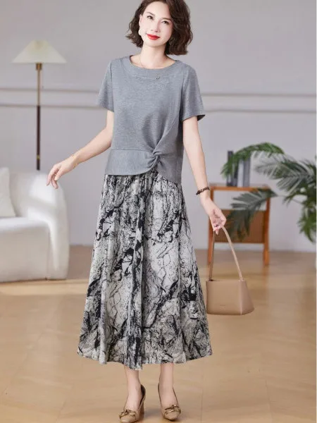 

Summer Short Sleeve Slimming Printed Skirt Set High Waist Korean Style Casual Polyester Fiber High Quality Women's Fashion