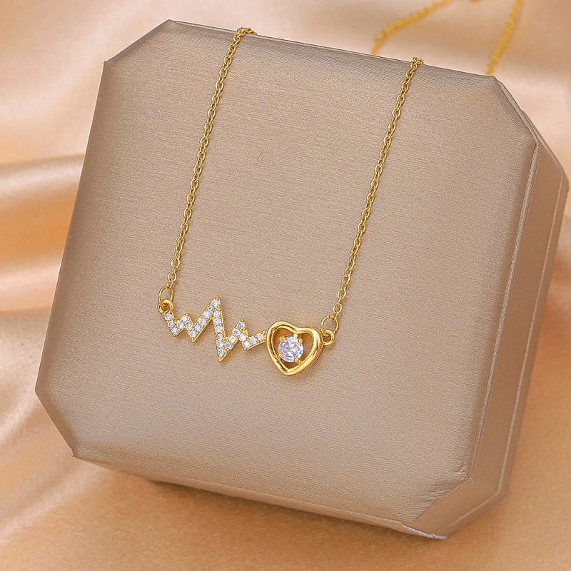 

Versatile Luxury Heart Electrocardiogram Necklace Copper Pendant Stainless Steel Clavicle Chain Fashion Necklaces for Women Dail