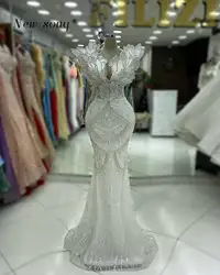 Arabic Long White Mermaid Evening Dresses Features with Silver Crystals Formal Wedding Party Gowns for Women Elegant Customized