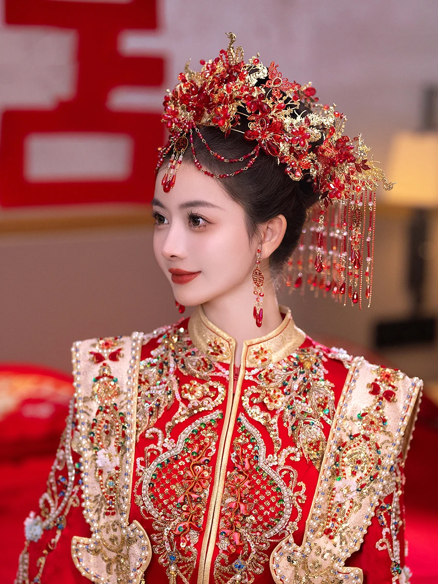 HIMSTORY Retro Chinese Wedding Crystal Red Phoenix Crown Headdress Queen Princess Bride Xiuhe Hair Accessories