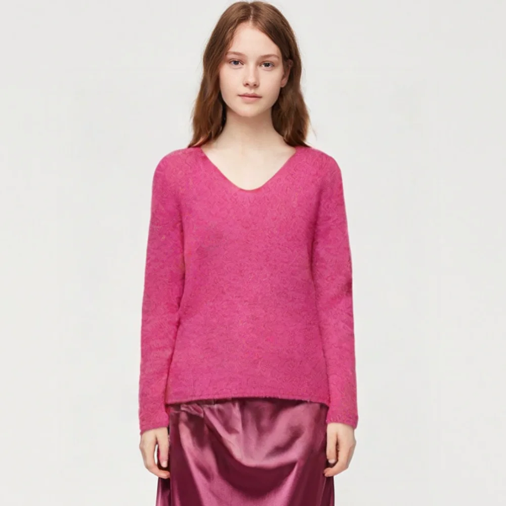 

New Arrival Taop&Za Women's V Neck Long Sleeve Sweater in Bright Pink Soft Material for a Stylish and Cozy Look