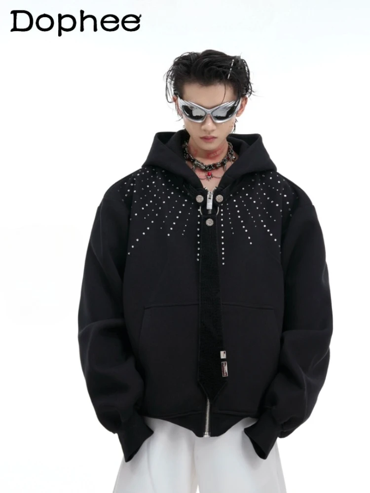 

Autumn Heavy-duty Rhinestone Design Hooded Sweatshirt Loose Casual Versatile Fashion Trend Zipper Jacket for Men