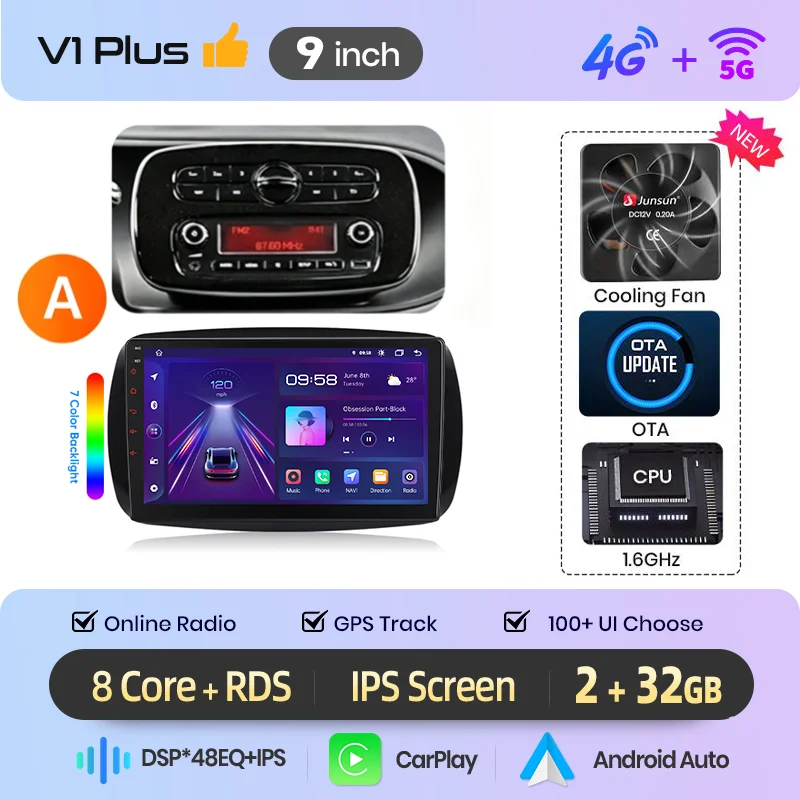 Junsun Android Auto Autoradio für Mercedes Benz Smart 453 Fortwo 2014 2015 2016-2020 Multimedia Wireless Apple CarPlay Intelligente Systeme IPS Touchscreen Stereo Videoplayer 2 Din Autoradio Head Unit