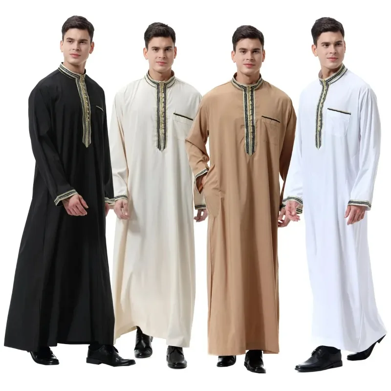 Vestido muçulmano longo para homens muçulmanos, Jubba Thobe, quimono com aplicação islâmica, robe Arábia Saudita, Abaya Caftan, Dubai e vestido árabe, 2024