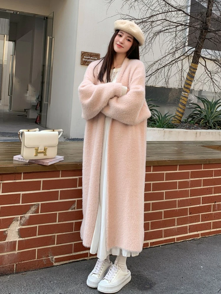 white Long Cardigan for women 2024 winter clothes Knitted fluffy long sleeve Cashmere sweater coat clotkorean style warm vintage