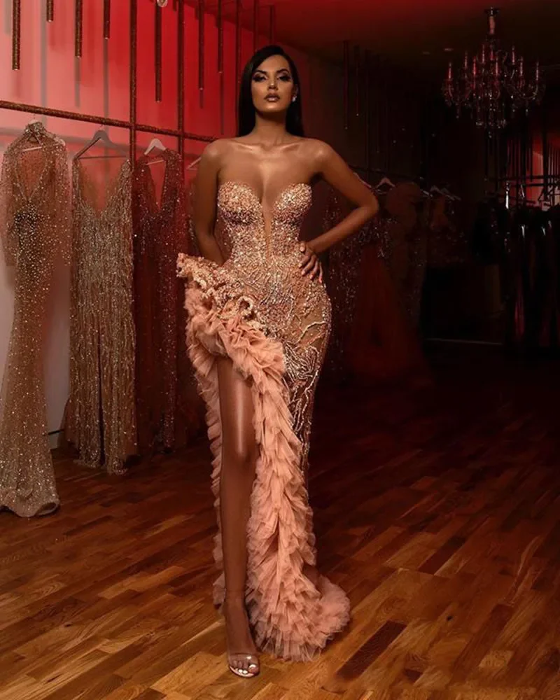 Luxurious Mermaid Deep V-neck Evening dress Crystal beaded with pleated tulle sexy legging-off formal Occasion Ball Party dress