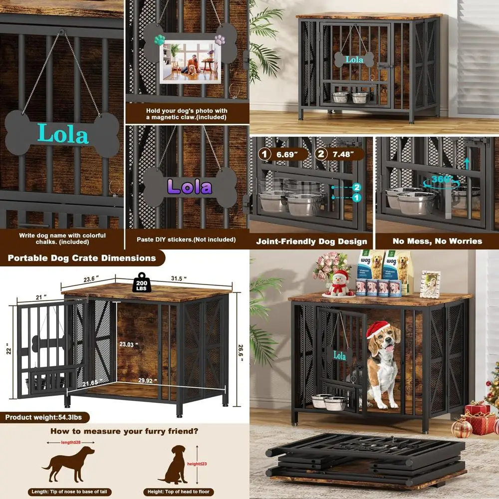 

Rustic Brown Wooden Dog Crate, 31.5 Assembly-Free for Small & Medium Dogs, Foldable Kennel with Adjustable Bowls, Suitable as En