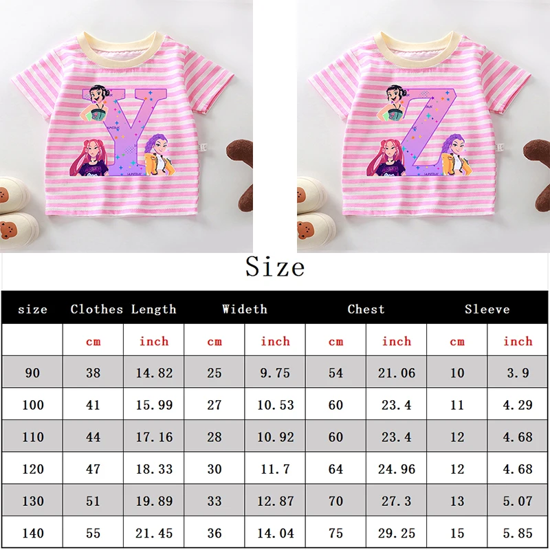 Kaus Bergaris Pemburu Setan K-pop untuk Anak-anak Kaus Lucu Manis Musim Panas Anak Perempuan Atasan Lengan Pendek Gambar Cetak Huruf A-Z Kartun