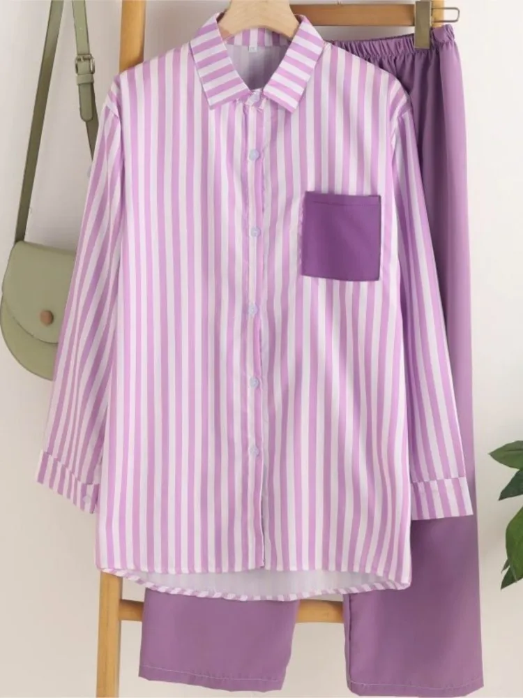 Frühling Herbst Mode Druck Gestreiftes Hemd Langarm Anzug frauen Casual Lose Einfache Urlaub Weibliche Büro Hosen 2-stück Sets