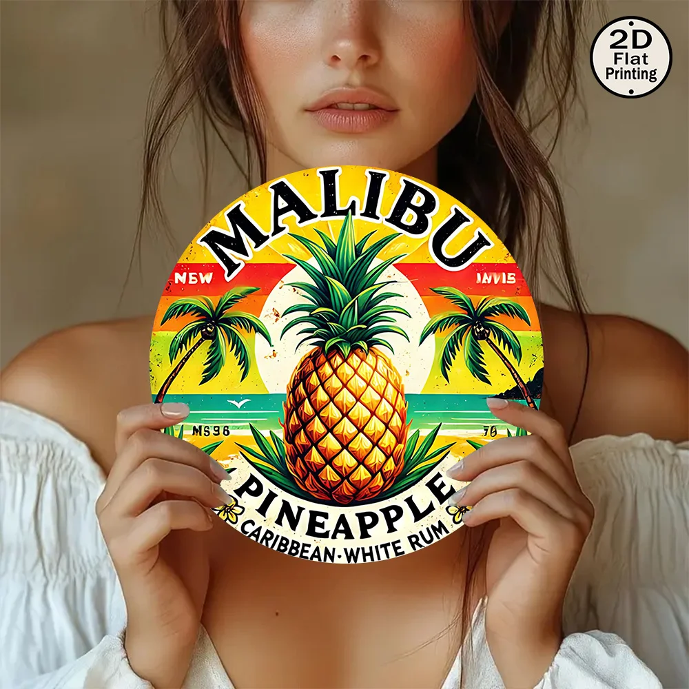 [2D Flat] 1 Stück 2D Flat Printing, Vintage 8x8 rundes Metallwand-Blechschild, Malibu Pineapple Rum, tropisches Paradies, Metal Art Decora