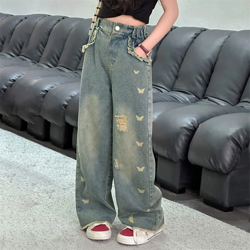 Girls High Street Wide Leg Broken Denim Pants American Vintage Washed and Distressed Jeans with Side Butterfly For Kids Child