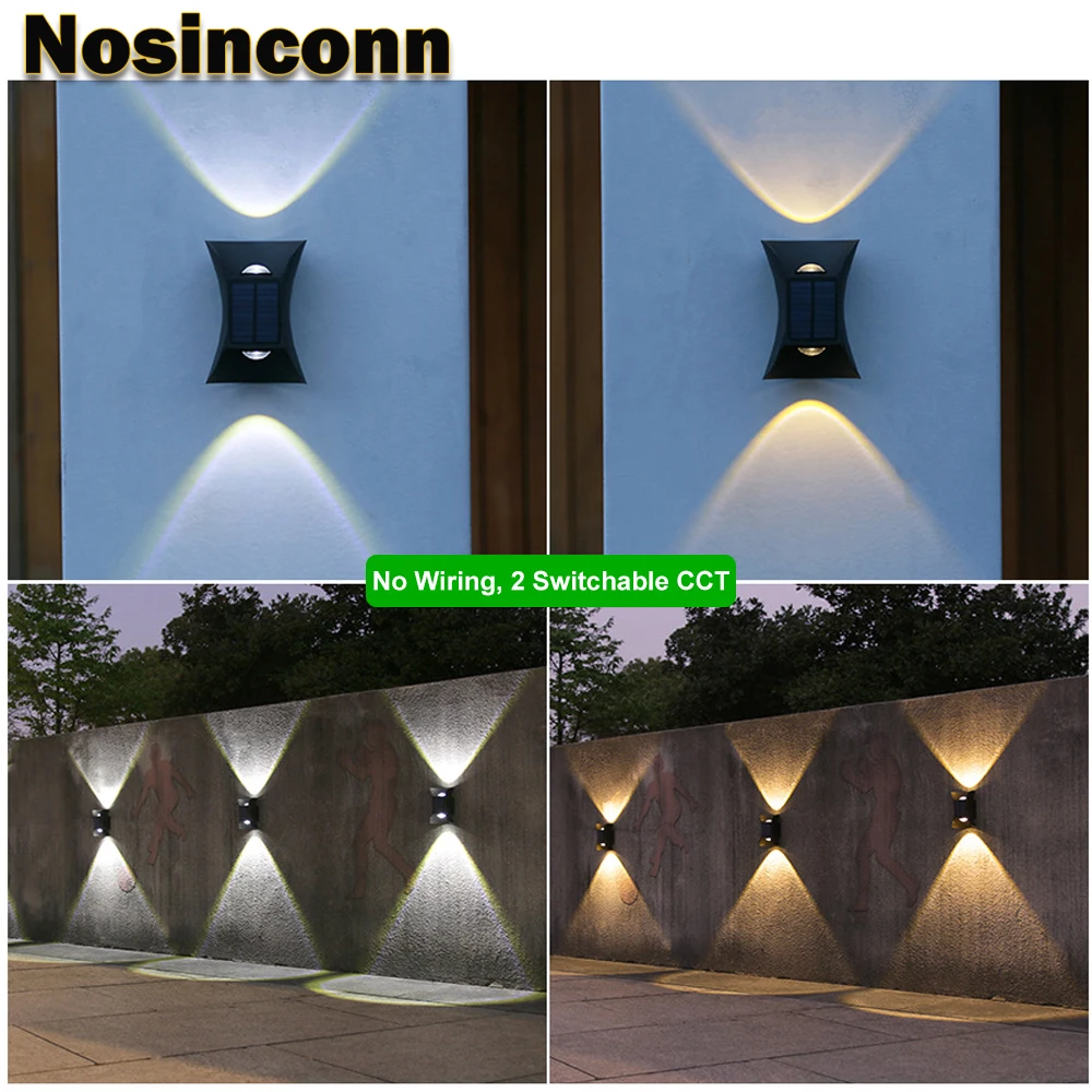 New Warm White Cool White Switchable Solar Wall Lamp Black ABS External LED Wall Solar Light IP65 Up and Down LED Wall Llighting