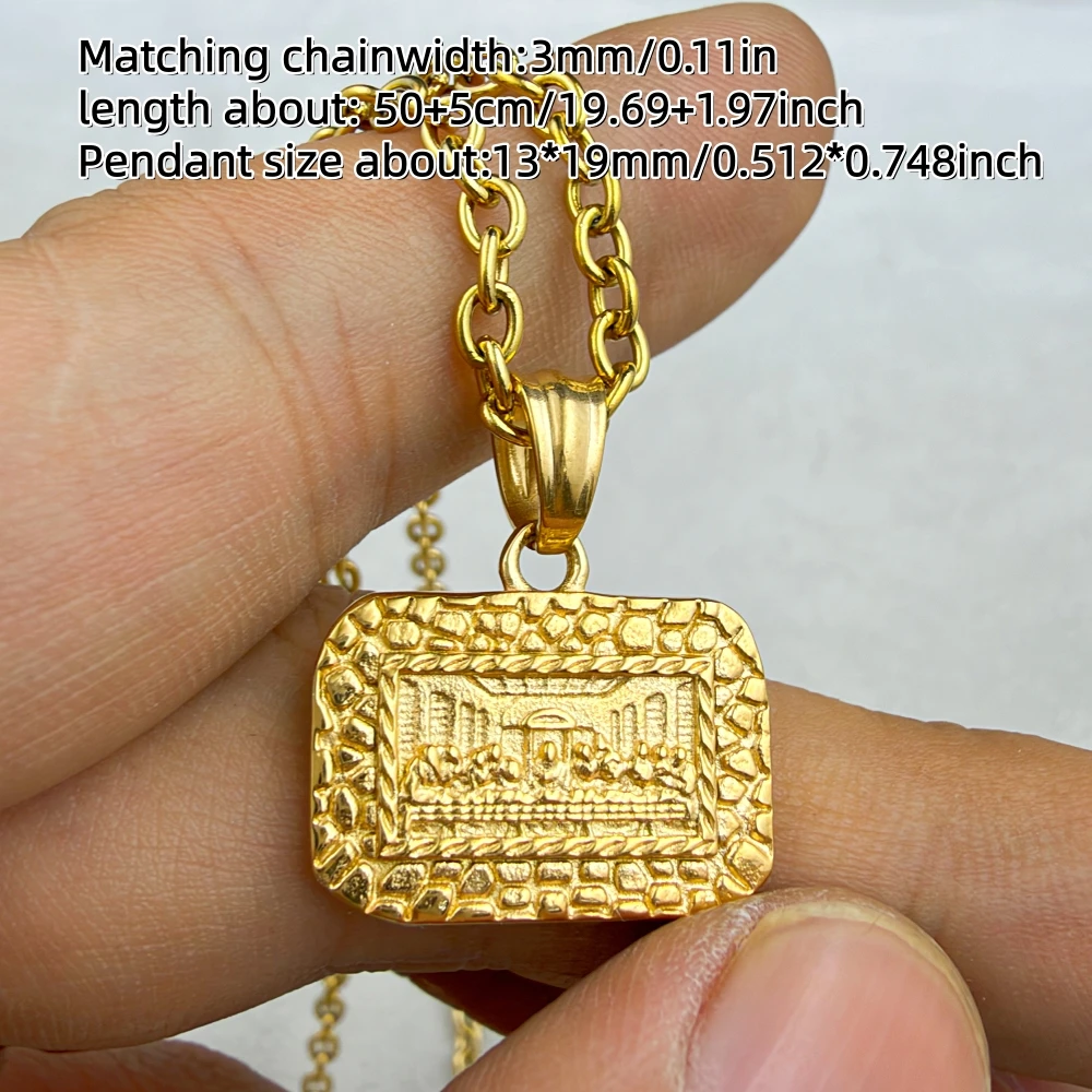 Men Women 316L Stainless Steel The Last Supper Pendant Necklace Embossed Rectangle Religious Jewelry Adjustable Chain Gift