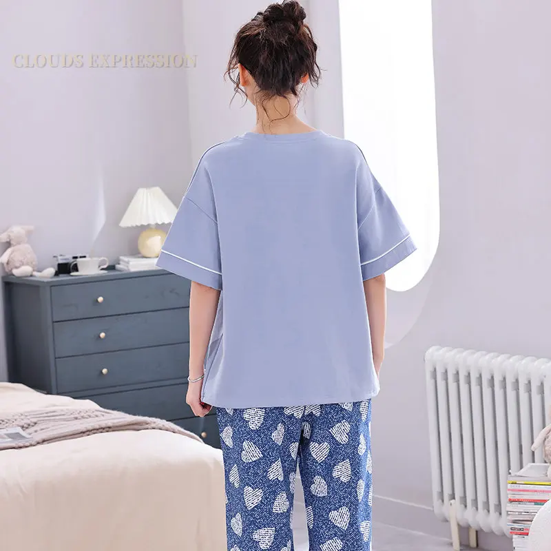 Summer Knitted Cotton Cartoon Pajamas Sets Women Pyjamas Sleepwear Nightwear Pijama Mujer Plus Size Calf-Length Pants Homewear