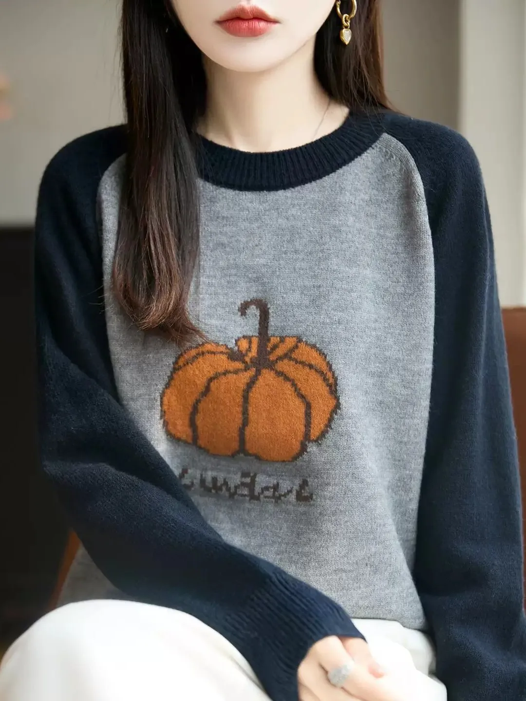 Korean Style Patchwork Color round Neck Pumpkin Embroidery Thickened Knitted Base Layer Sweater Women's Loose Fit Autumn Wint...