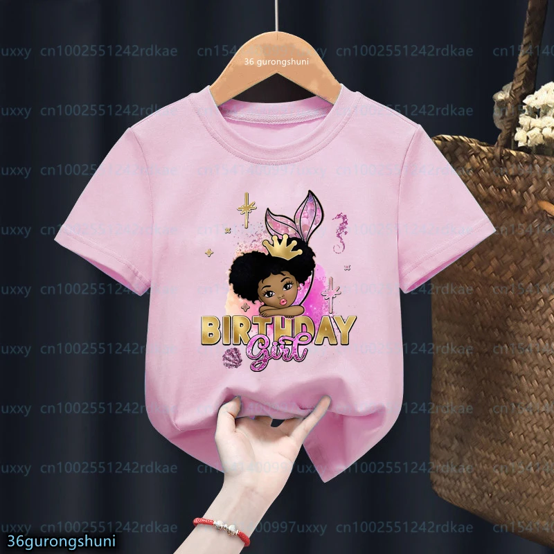 Black Girl Magic Afro Princess, Afro Puff Hair Happy Birthday Girls T-Shirt Unicorn Black Girls Birthday Tshirt Pink tops 1-12y