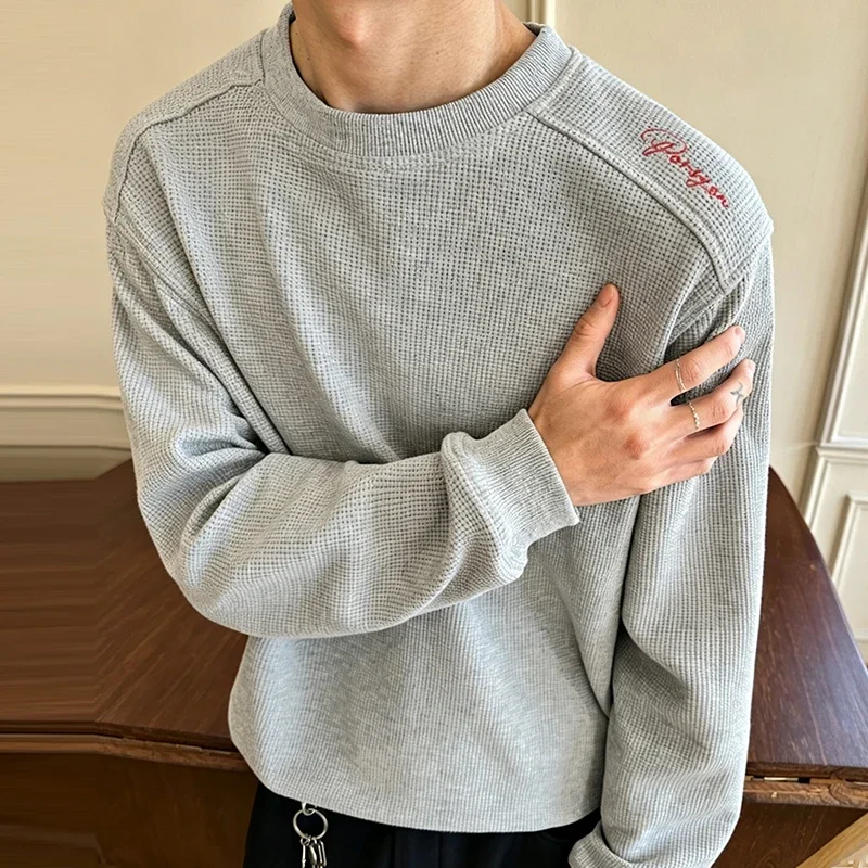 Male Crew Neck Waffle Fabric Long Sleeve Tee Raglan Cut Small Shoulder Embroidery Relax Fit Street Casual Garment