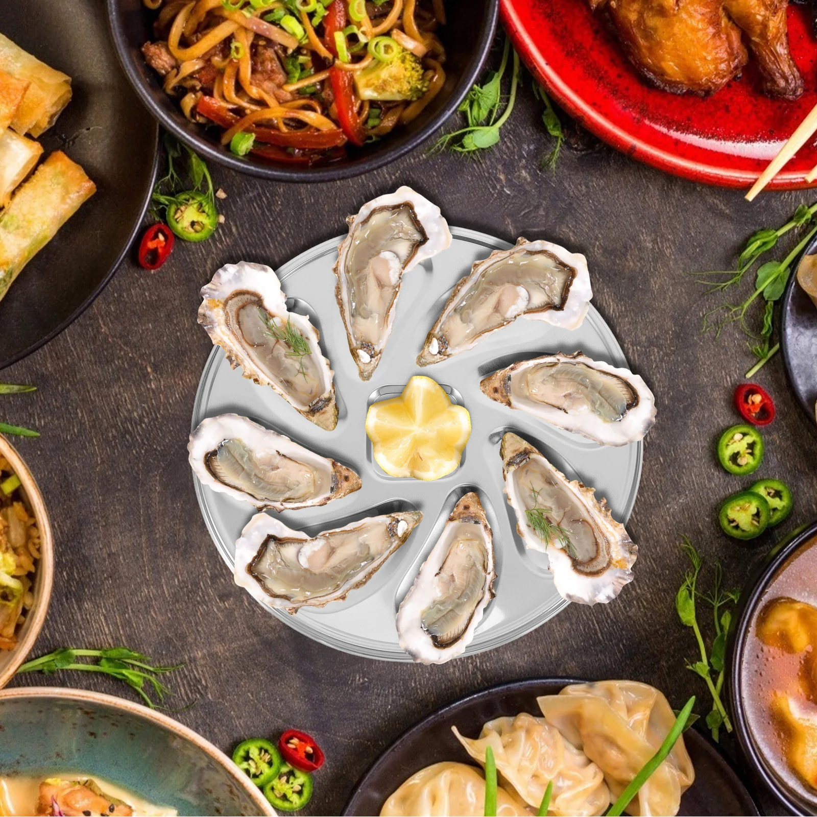 

2 pcs Stainless Steel Oyster Shell Shaped Dish Reusable Grilled Seafood Serving Tray For Clam Scallop Round Platter Restaurant