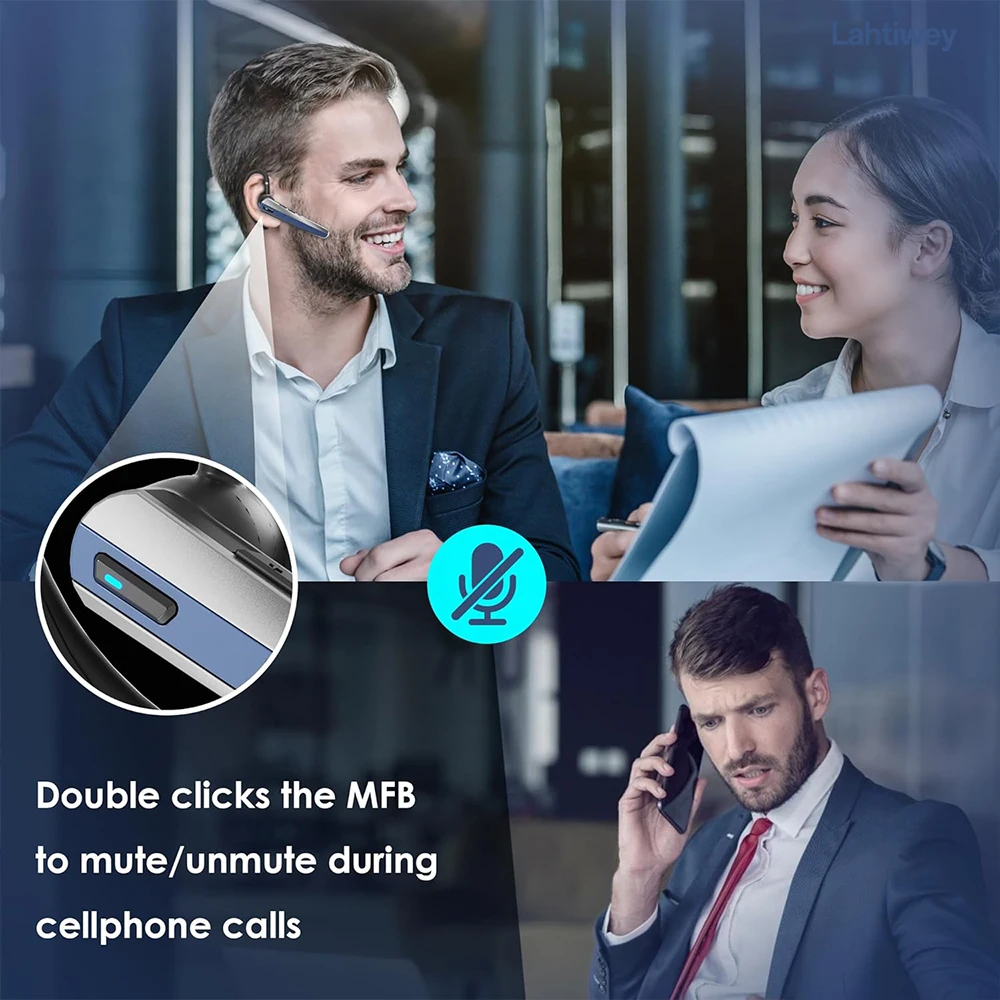 سماعة رأس بخاصية البلوتوث Lahtiwey مع ميكروفونات مزدوجة لإلغاء الضوضاء للمكالمات بدون استخدام اليدين، سماعة أذن بلوتوث 5.3 لاسلكية مع كتم الصوت