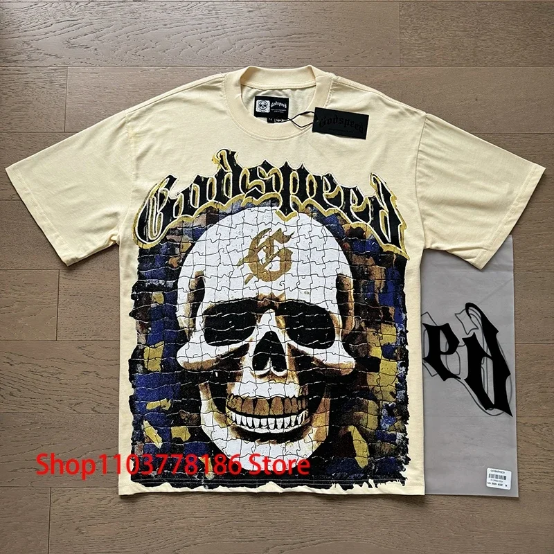 Creative Jigsaw Skull Print Streetwear GOD SPEED T-shirt 25 Summer New Men Women Loose Casual Roundneck Godspeed Short Sleeve