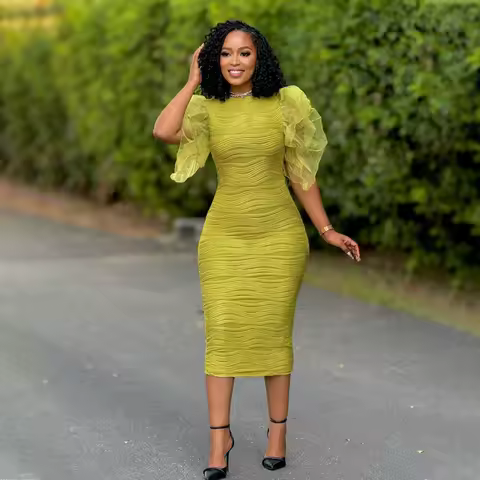 New African Fashion Women Dress O Neck Ruffle Sleeves Package Hips Bodycon Dress Office Lady Evening Birthday Party Vestidos