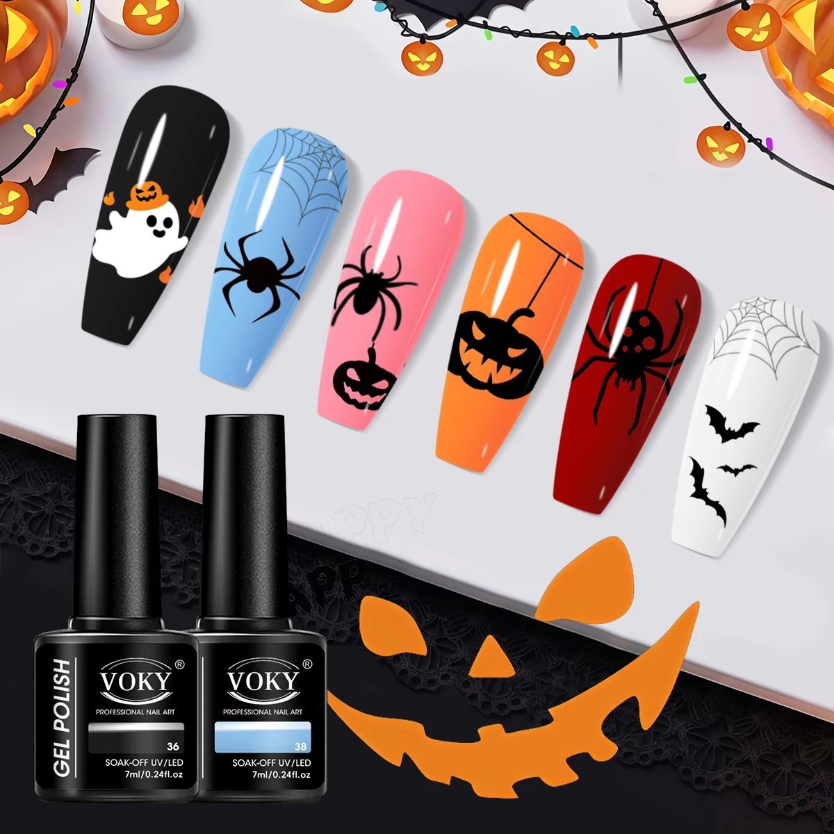 6-Piece Set of Cute Halloween Soft Color Gel Nail Polish Set, Including Black, Light Blue, Pink, Orange, Red, White, and Other Uv Soak-Off Gels, High-Gloss and Durable Nail Art Supplies, Suitable for Creating Spider Webs, Pumpkins, Bats, and Hand Patterns, to Create a Sweet Gothic Style 