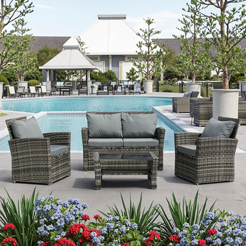 

Factory Made PE Rattan Sofa Set with Table for Outdoor Garden Resort Hotel Entertainment Party