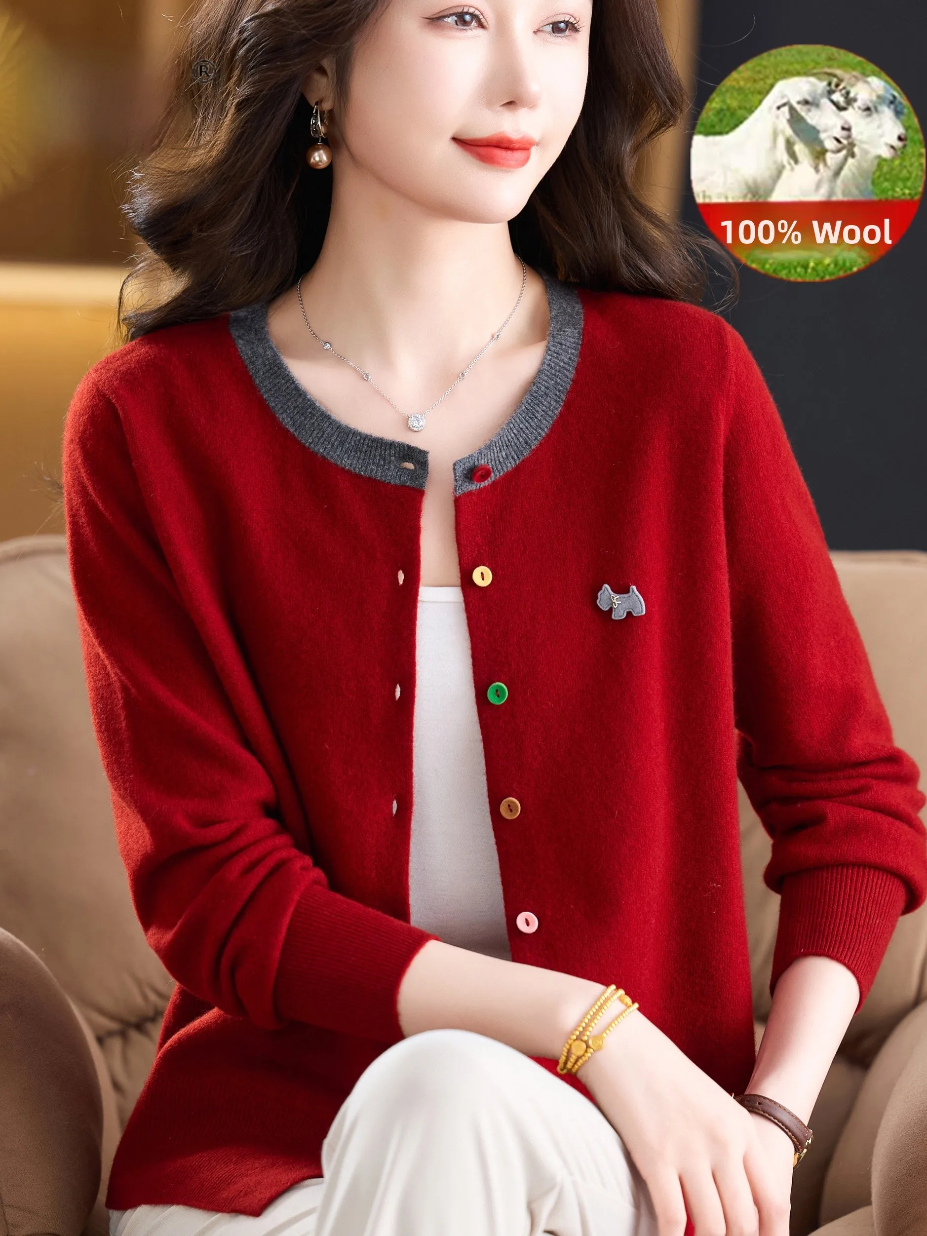 

Spring Autumn 00 Pure Wool Knitted Cardigan Women Faionable Mommy Sle Button round Ne Sweater Outerwear Middle Aged