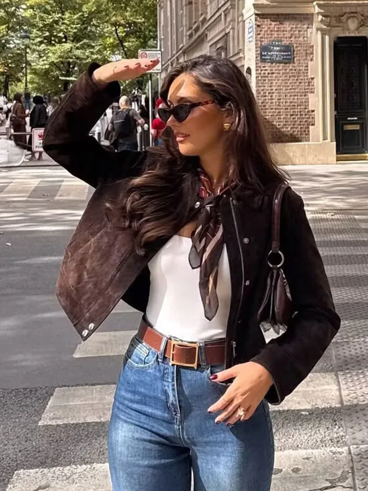 

HH Women Autumn Fashion Vintage Suede Blend Textured Long Sleeves Pockets Jacket Female High Street Zipper Slim Coats Mujer