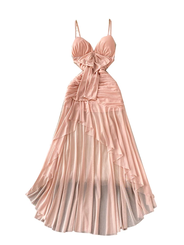 Ele Wind V-ne Band Dr Vrouwen Zomer Geplooide Me Afslanken Asymmetrische Lange Dr Koreaanse Sle Hoge Taille A-lijn Rok