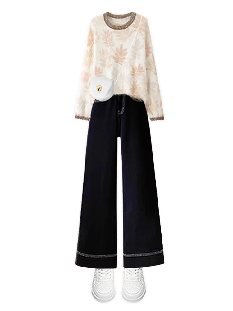 Fashionable Knitted Sweater And High Waist Straight Leg Jeans Women's Korean Style Autumn Set Slimming Effect Casual Wear