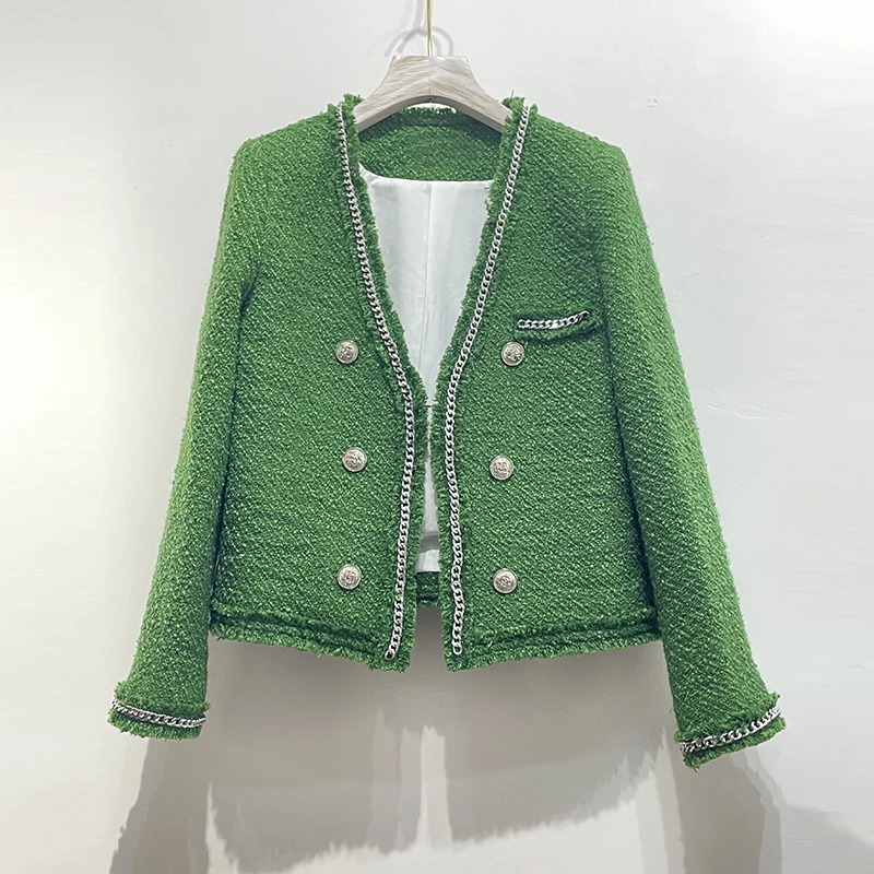 Grüne Tweed-Kette V-Ausschnitt Jacke Damen Herbst Winter Vintage Hochwertige Basic Langarm Quaste Weiß Kleiner Duftmantel