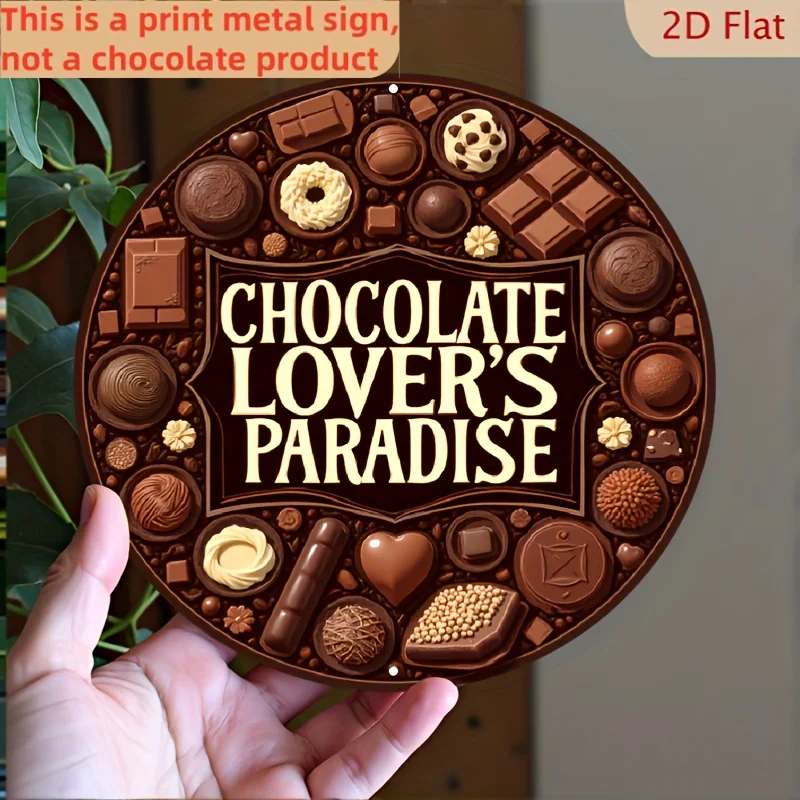 Letrero Decorativo de Pared Redondo de Aluminio con Diseño 2D Plano, el Paraíso del Amante del Chocolate - Decoración Vibrante con Temática de Chocolate y Variedad de Dulces