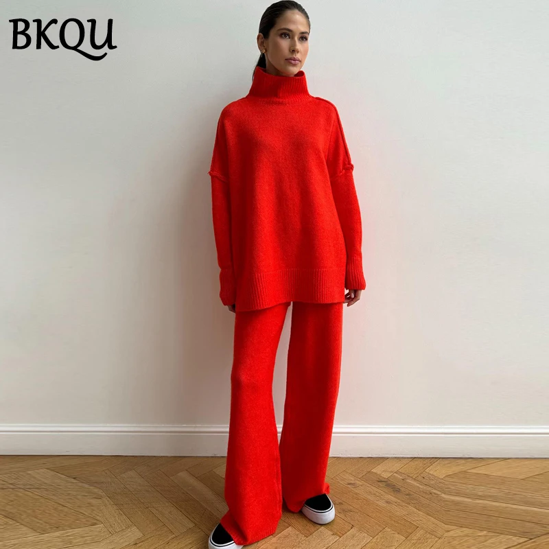 BKQU Women\'s Knitted Two Piece Pants Set 2024 Autumn Winter Turtleneck Sweater and Wide Leg Long Pants Matching Homewear Suits