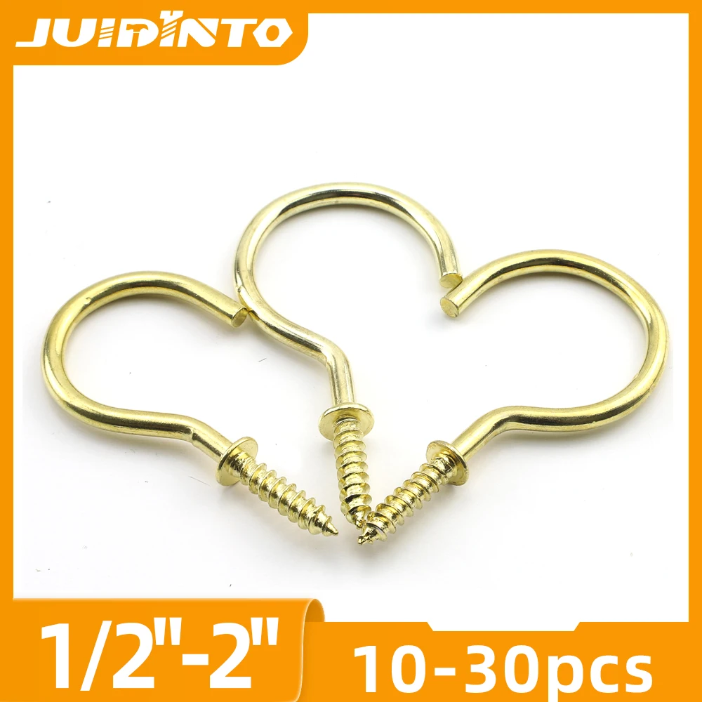 

JUIDINTO 10-30pcs Gold Screw-in Shouldered Self-Tapping Screws Hook 1/2"-2" Carbon Steel for Wall Kitchen Cup Hanging