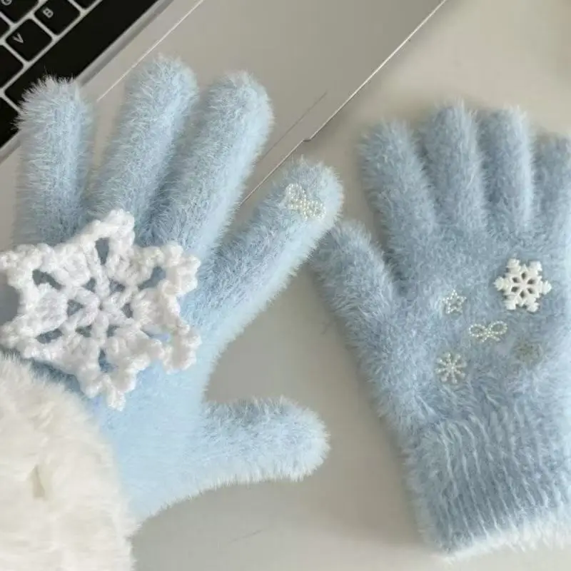 Różowo-białe rękawiczki zimowe z efektem akwareli, z motywem płatków śniegu, dziergane, w stylu Lolita, puszyste, zakrywające całe palce, ciepłe rękawiczki damskie.