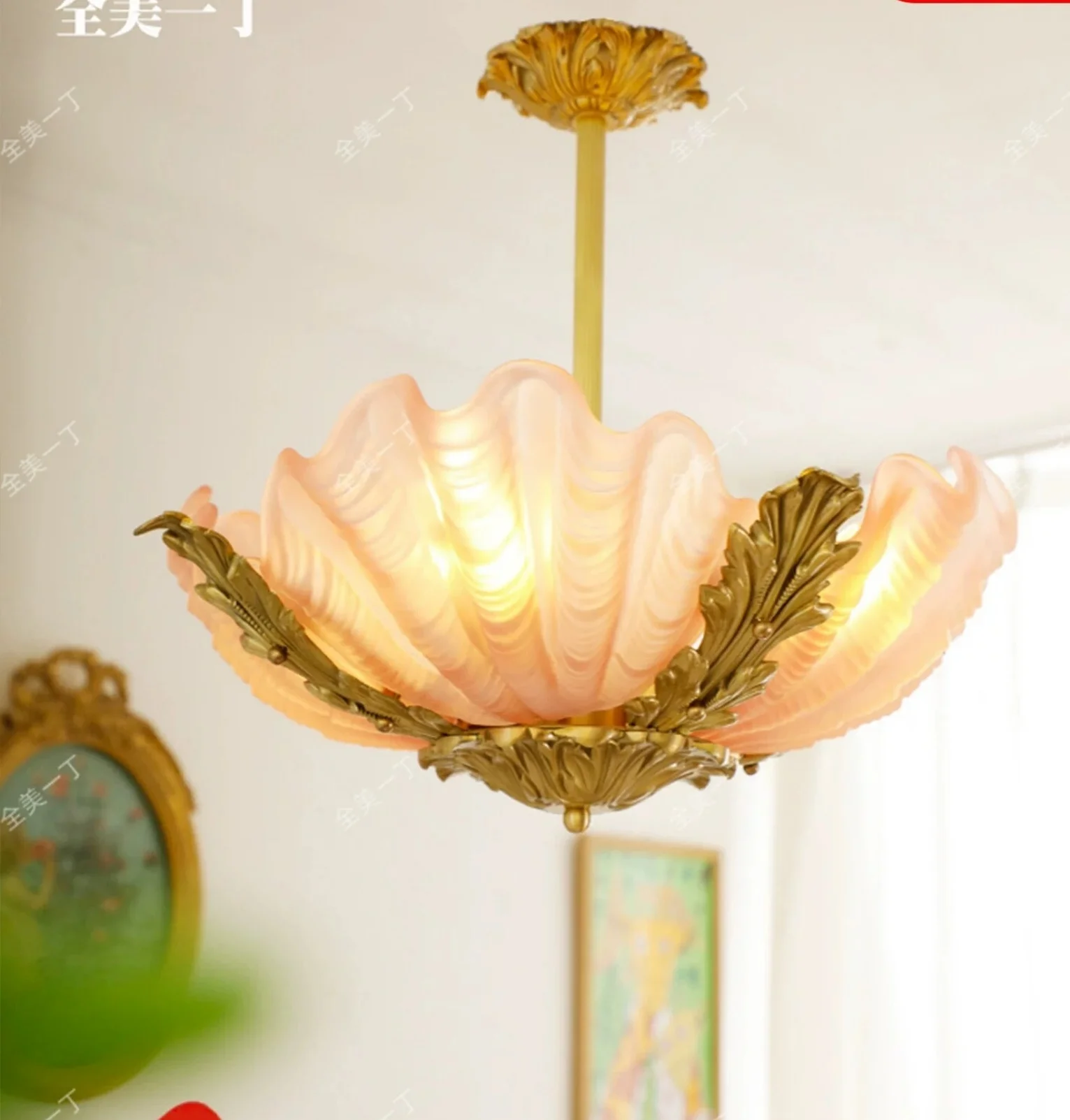 Middle aged shell glass pendant light pink French retro light luxury American bedroom dressing room lighting fixtures