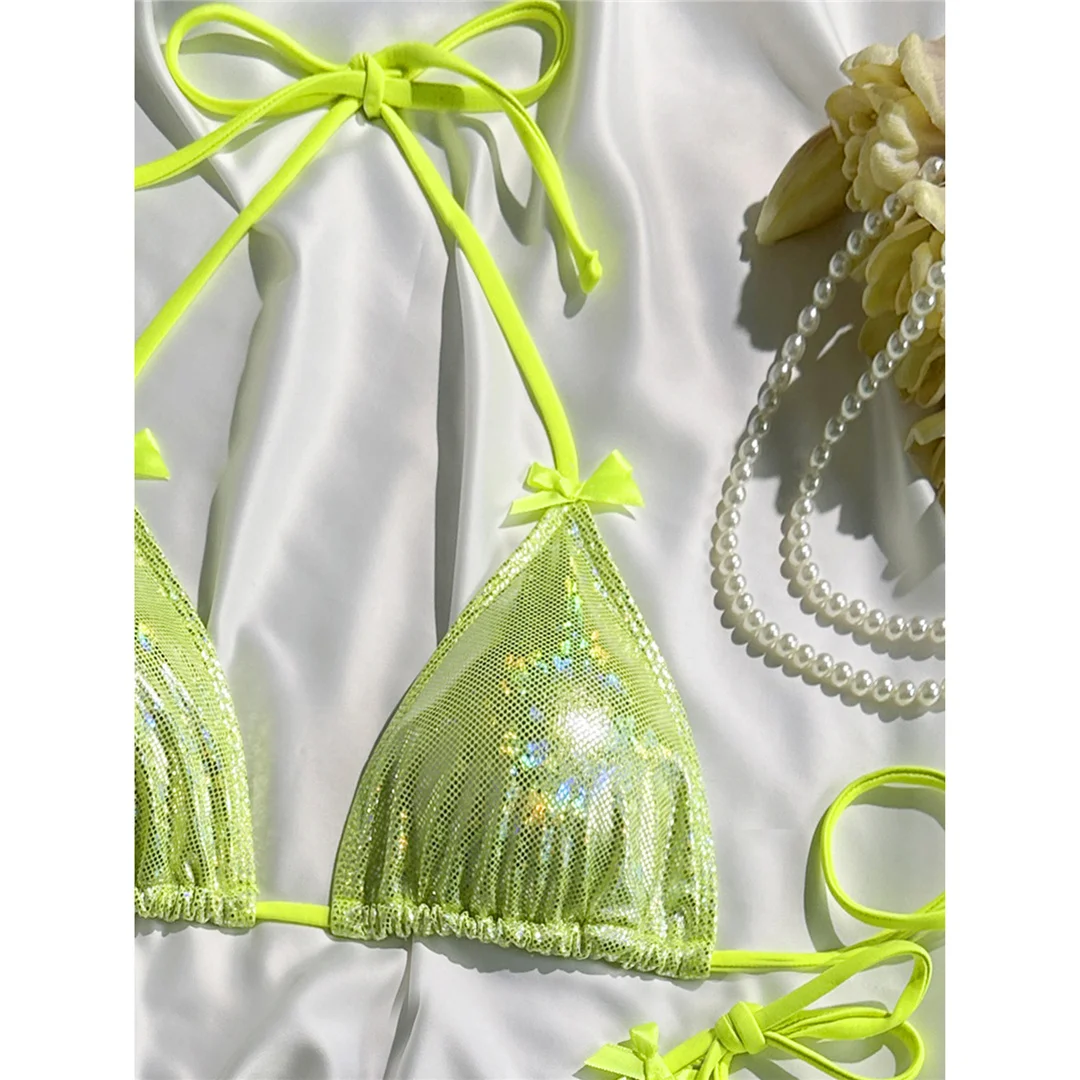 Glitzernder, funkelnder Neckholder-Bikini, Damen-Badebekleidung, zweiteiliger Bikini-Set, Badeanzug mit hohem Beinausschnitt, Badeanzug, Schwimmanzug V7269 – Detail 18