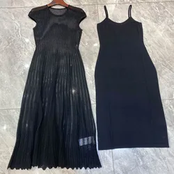 Vestido plisado de punto con cuello redondo para mujer, prenda Simple y Lisa, ahuecado, transparente, elegante, con forro de correa, 11,21