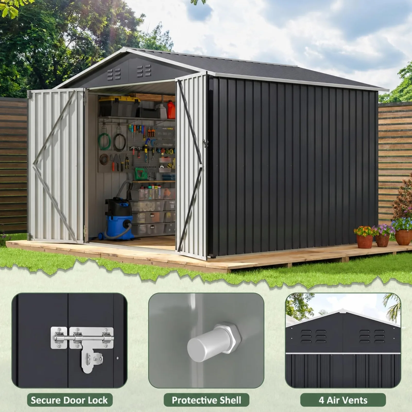 Outdoor Storage Shed Black | Utility Metal Tool Storage with Lockable Doors and Updated Frame Structure, Metal Garden Shed for Backyard, Patio Lawn