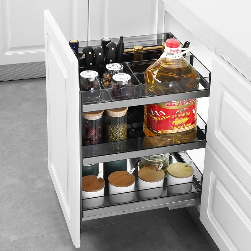 Kitchen cabinets: stainless steel drawer basket, glass seasoning storage drawer, seasoning buffer damping rail knife holder