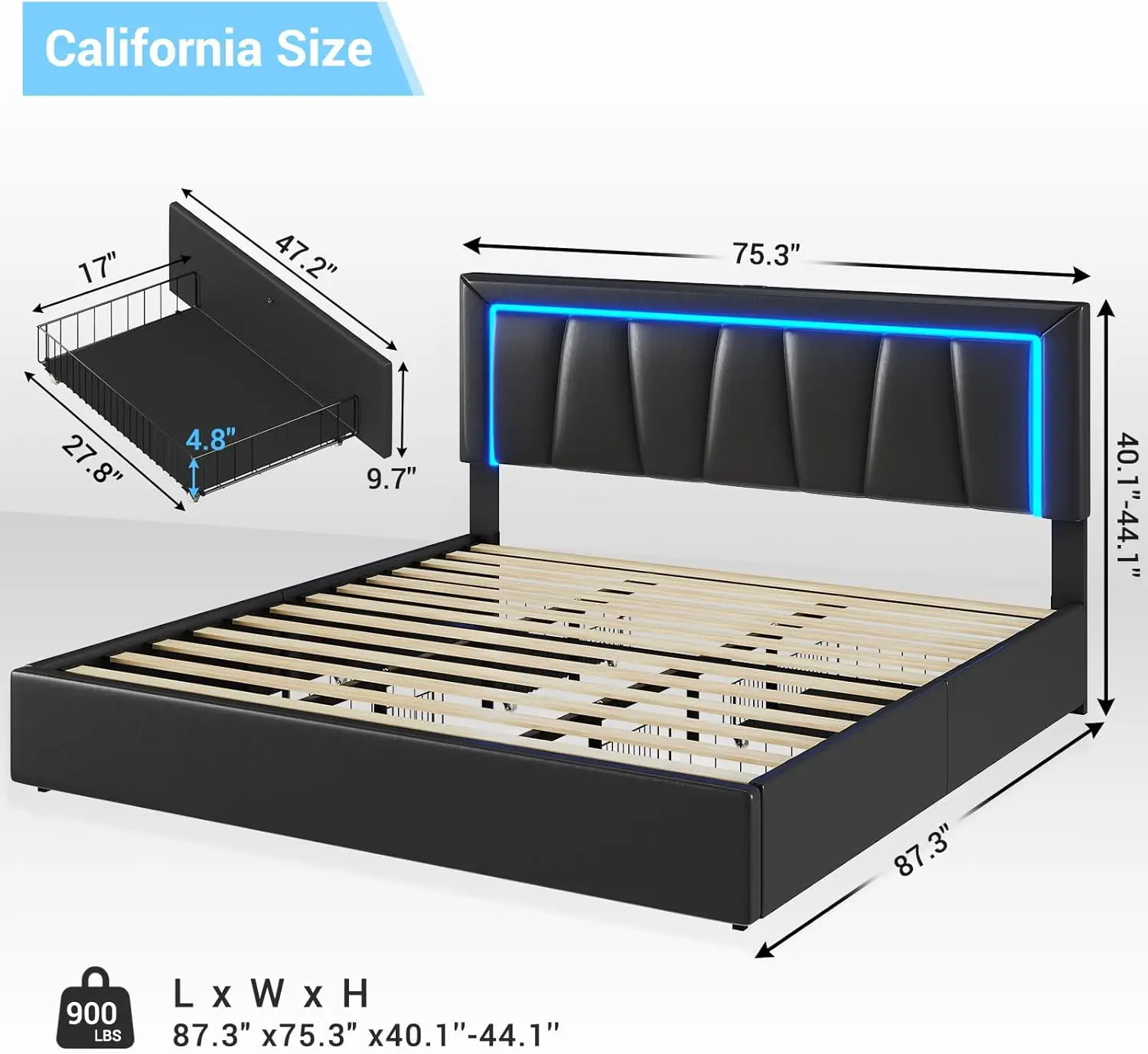 California King Bed Frame with 4 Storage Drawers and Led Lights Upholstered Platform Storage Bed Frame California King with