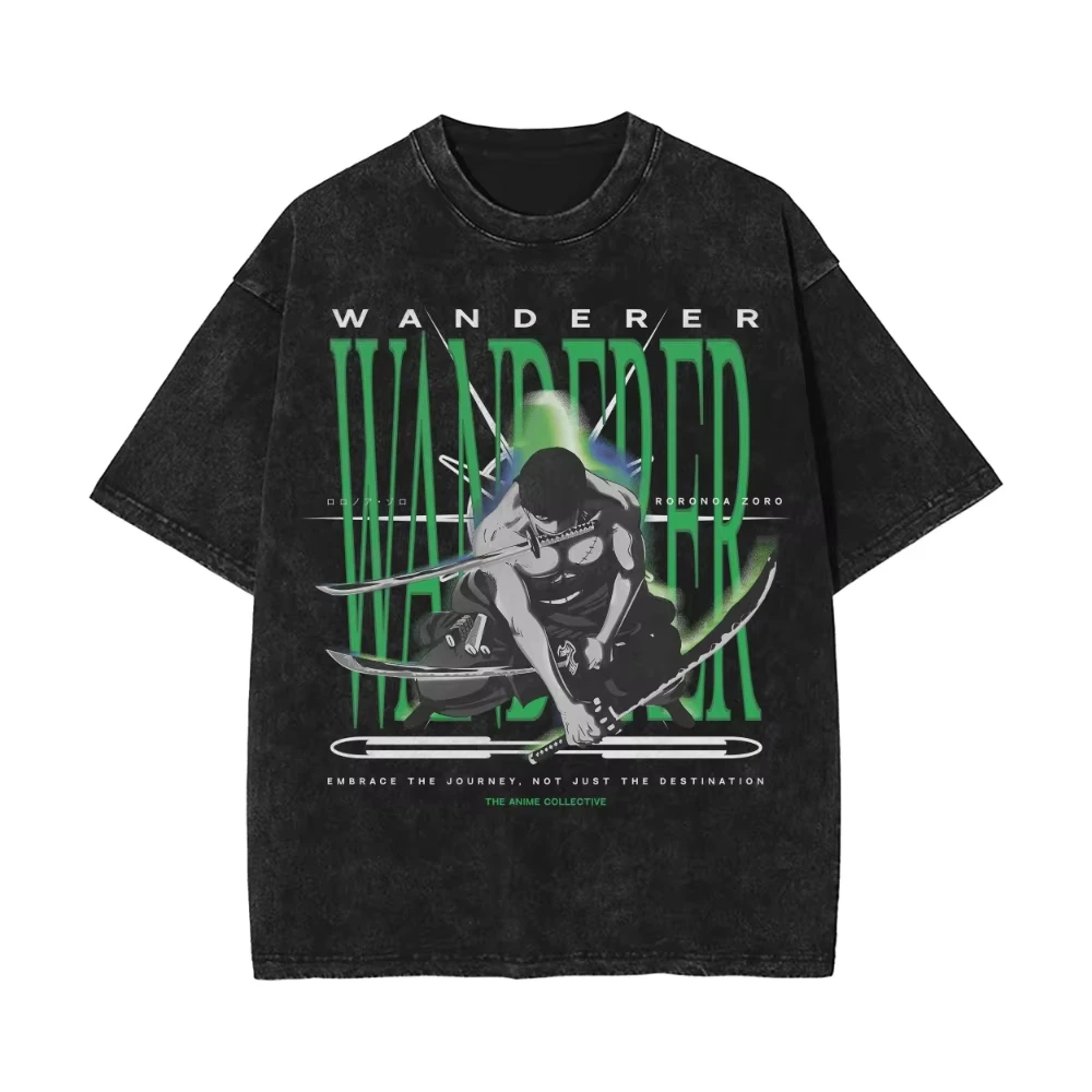 ONE PIECE Men's and Women's Washed T-Shirt 2026 Summer New Anime Roronoa Zoro Tee Retro Distressed Y2k Casual Short Sleeve