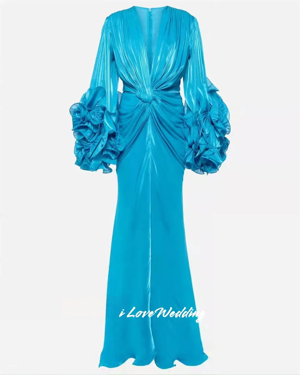 Abito da ballo blu con scollo a V 2025 Manica lunga A-Line Ruffles Abito da sera a sirena lungo fino al pavimento Abito da cerimonia nuziale pieghettato Personalizzato