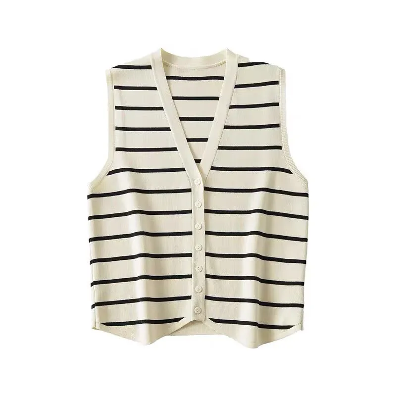 

French striped knit vest women's autumn/winter sleeveless cardigan loose-fitting design unique layering top