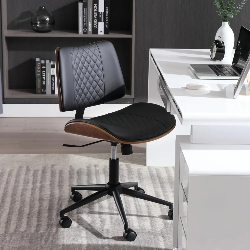 Home office chair without armrests on wheels, adjustable height small desk chair PU leather mid-back 360 rotating computer chair