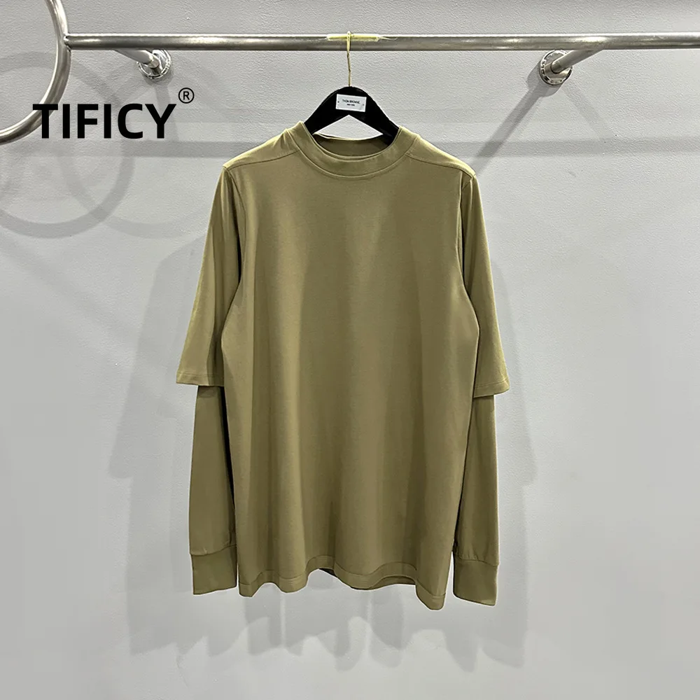 TIFICY High Street Men's Spring Knitted Two-piece Design Double-layer Solid Color Splicing, Loose Long Sleeved T-shirt Tops