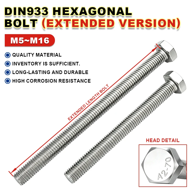 DIN933 Long Extended Hexagon Head Bolts 304 Stainless Steel Full Thread Hex Bolts M5 M6 M8 M10 M12 M14 M16 Machine Screws