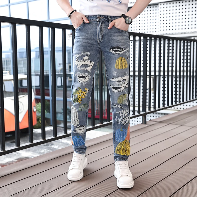 

2024Summer Thin Street Personalized Stylish Print Jeans Men's Casual Light Luxury Fashion Elastic Slim Fit Long Skinny Pants